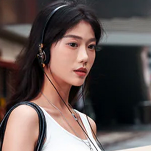 Roseselsa Distant Mountain : Woman wearing the headphones in town